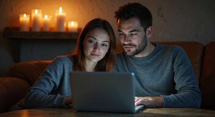 Ein Paar sitzt zusammen auf einem Sofa und schaut auf einen Laptop. Ein Paar sitzt zusammen auf einem Sofa und schaut auf einen Laptop.