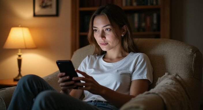 Eine Frau sitzt nachdenklich in einem abgenutzten Sessel mit Smartphone. Eine Frau sitzt nachdenklich in einem abgenutzten Sessel mit Smartphone und wollen erotische kontakte und sex-dating in Niedersachsen.