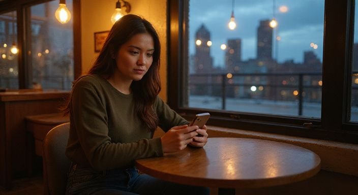 Eine Frau in einem Café nutzt ihr Smartphone, um durch eine Dating-App zu scrollen. Eine Frau in einem Café nutzt ihr Smartphone, um durch eine Dating-App zu scrollen und suche erotische kontakte und sex-dating in Niedersachsen.