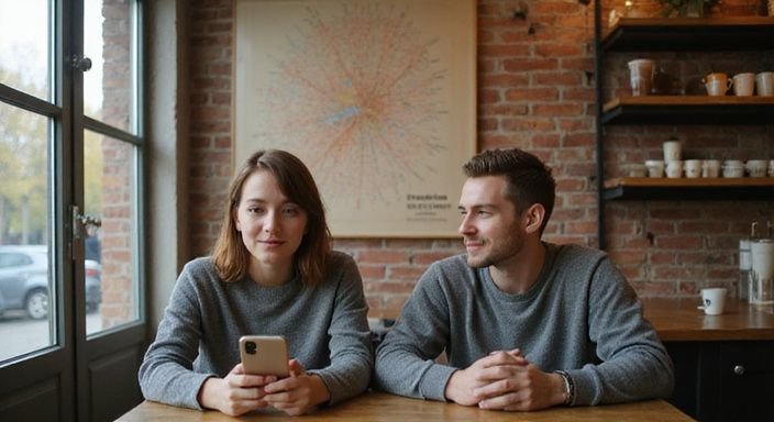 Junges Paar in einem Café, beschäftigt mit einem Smartphone. Junges Paar in einem Café, beschäftigt mit einem Smartphone und wollen erotische kontakte und sex-dating in Niedersachsen.