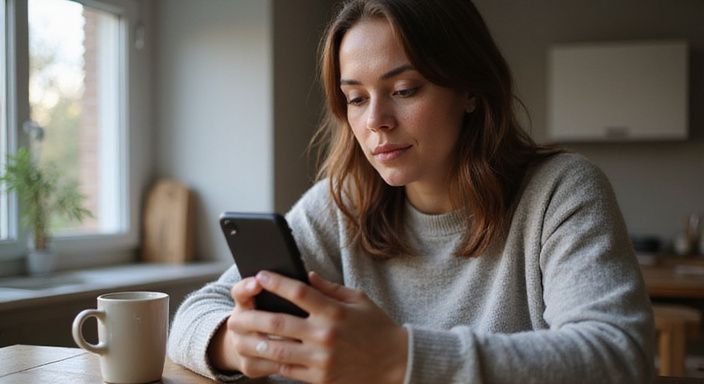 Eine Frau in einem gemütlichen Pullover konzentriert sich auf ihr Handy. Eine Frau in einem gemütlichen Pullover konzentriert sich auf ihr Handy.