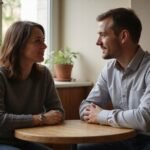 Ein Mann und eine Frau unterhalten sich in einem gemütlichen Café