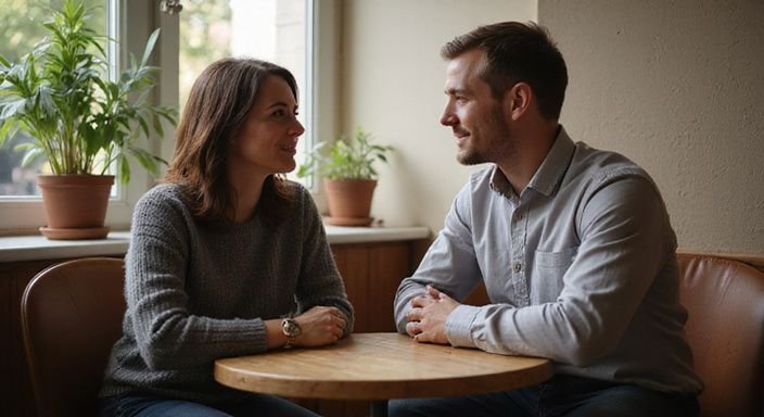 Ein Mann und eine Frau unterhalten sich in einem gemütlichen Café