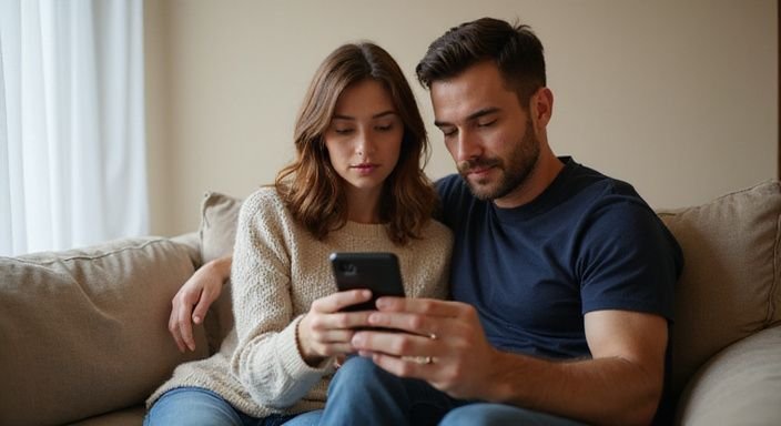 Ein Paar entspannt sich auf einem Sofa und nutzt ein Smartphone. Ein Paar entspannt sich auf einem Sofa und nutzt ein Smartphone und suche erotische kontakte und sex-dating in Niedersachsen.