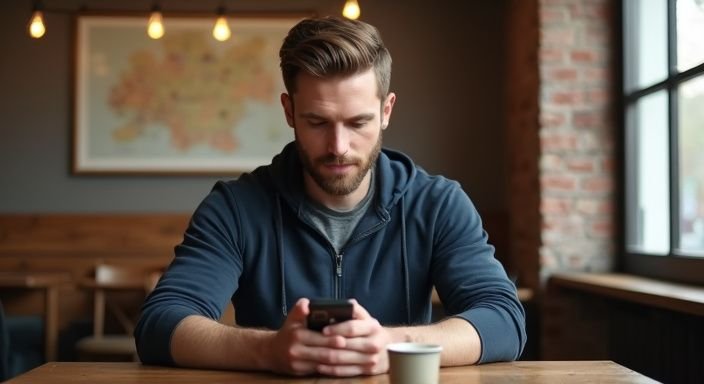 Ein Mann sitzt in einem Café und nutzt eine Dating-App. Ein Mann sitzt in einem Café und nutzt eine Dating-App.