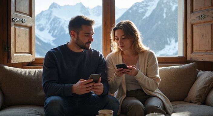 Ein Paar entspannt auf einer Wohnzimmercouch mit Smartphones und Kaffee. Ein Paar entspannt auf einer Wohnzimmercouch mit Smartphones und wollen erotische kontakte en sex-dating in Tirol.