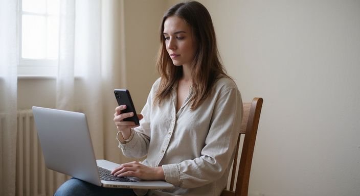 Eine Frau sitzt entspannt auf einem Stuhl und schaut auf ihr Smartphone. Eine Frau sitzt entspannt auf einem Stuhl und schaut auf ihr Smartphone.
