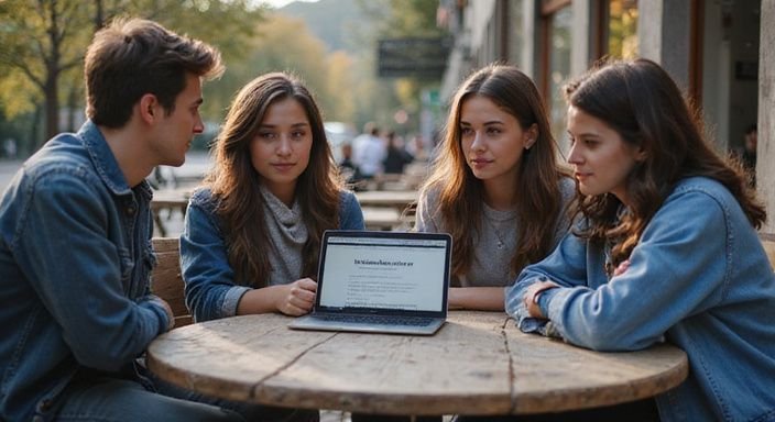 Eine Gruppe junger Erwachsener diskutiert an einem Tisch über Dating-Tipps. Eine Gruppe junger Erwachsener diskutiert an einem Tisch über Dating-Tipps.