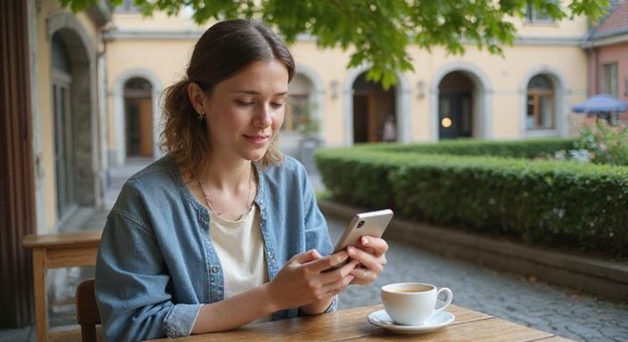 Eine Frau sitzt entspannt an einem Café-Tisch und tippt auf ihrem Smartphone. Eine Frau sitzt entspannt an einem Café-Tisch und tippt auf ihrem Smartphone.