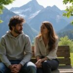 Zwei junge Erwachsene entspannen sich auf einer Holzbank im Park