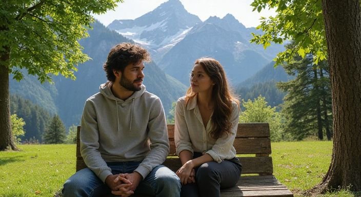 Zwei junge Erwachsene entspannen sich auf einer Holzbank im Park. Zwei junge Erwachsene entspannen sich auf einer Holzbank im Park.