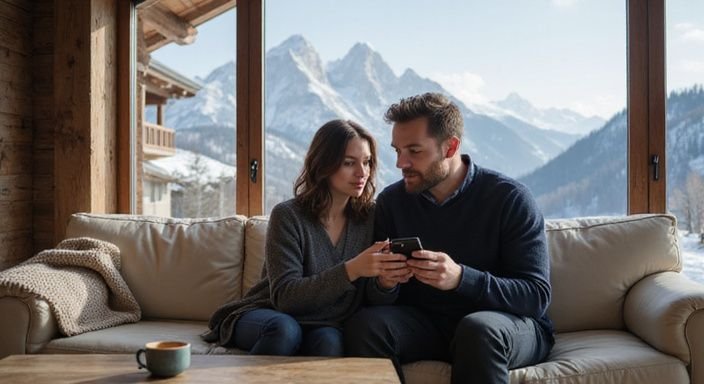 Ein Paar plant entspannt auf einer eleganten Couch in einem Chalet. Ein Paar plant entspannt auf einer eleganten Couch in einem Chalet.