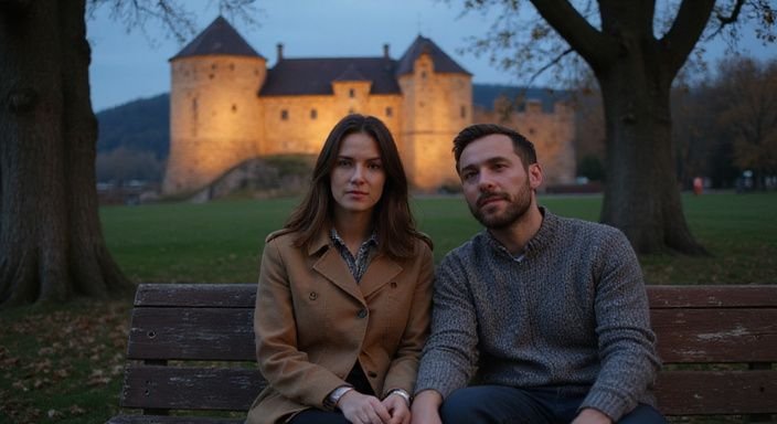 Ein Paar sitzt entspannt auf einer Parkbank und betrachtet die Festung. Ein Paar sitzt entspannt auf einer Parkbank und betrachtet die Festung.