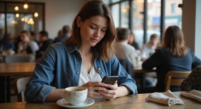 Eine Frau sitzt in einem Café und betrachtet ihr Smartphone. Eine Frau sitzt in einem Café und betrachtet ihr Smartphone und wollen erotische kontakte en sex-dating in Tirol.