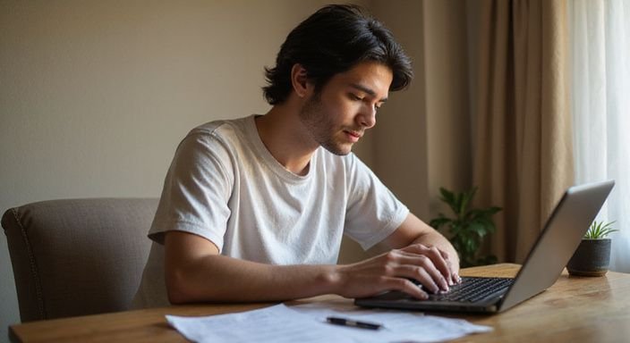 Eine Person erstellt nachdenklich ein persönliches Dating-Profil am Schreibtisch. Eine Person erstellt nachdenklich ein persönliches Dating-Profil am Schreibtisch.