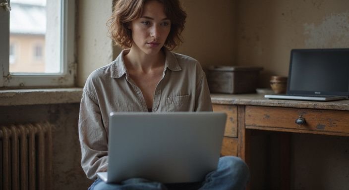 Eine Frau in einem bescheidenen Raum arbeitet konzentriert an ihrem Laptop. Eine Frau in einem bescheidenen Raum arbeitet konzentriert an ihrem Laptop.