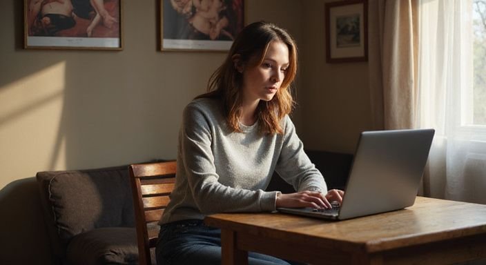 Eine Frau in einem grauen Pullover arbeitet konzentriert am Laptop. Eine Frau in einem grauen Pullover arbeitet konzentriert am Laptop und suche erotische kontakte und sex-dating in Wien.