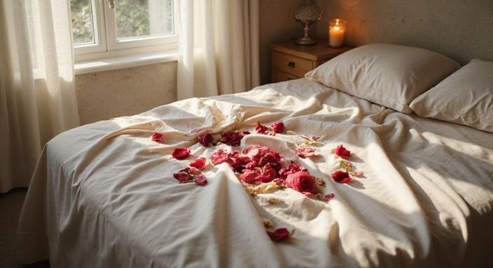 Ein romantisches Schlafzimmer mit Rosenblättern und handgeschriebenem Brief. Ein romantisches Schlafzimmer mit Rosenblättern und handgeschriebenem Brief.