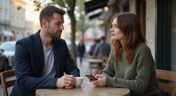 Ein Paar sitzt an einem Tisch und diskutiert über erotische kontakte und sex-dating in Wien.