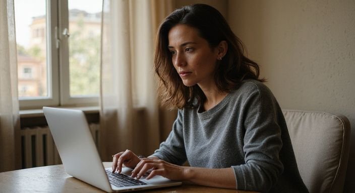 Eine Frau mittleren Alters arbeitet konzentriert an ihrem Laptop. Eine Frau mittleren Alters arbeitet konzentriert an ihrem Laptop und wollen erotische kontakte und sex-dating in Wien.