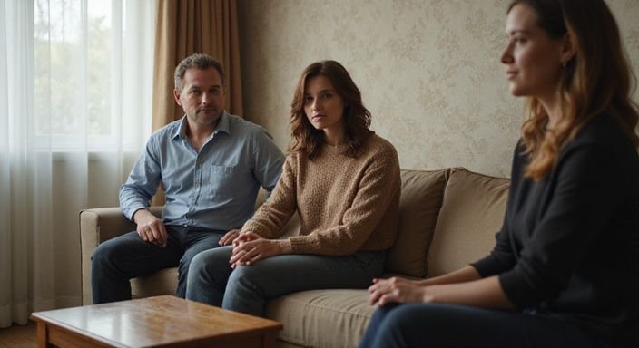 Ein Paar sitzt respektvoll in einem Hotelzimmer mit einer dritten Person. Ein Paar sitzt respektvoll in einem Hotelzimmer mit einer dritten Person.