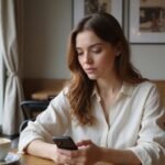 Eine Frau in einem Café konzentriert auf ihr Smartphone