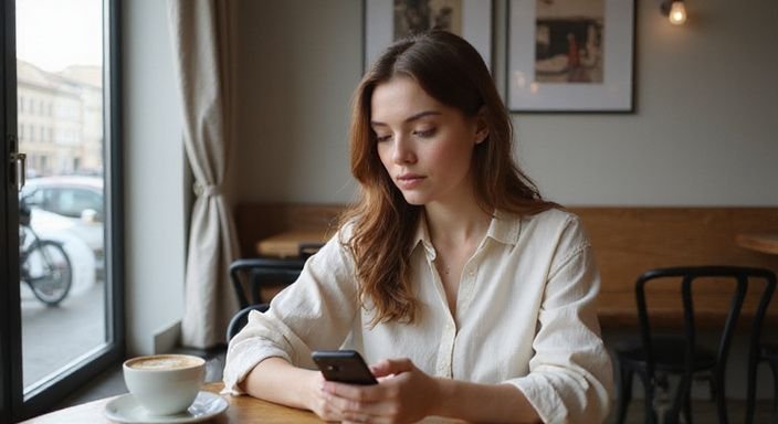 Eine Frau in einem Café konzentriert auf ihr Smartphone. Eine Frau in einem Café konzentriert auf ihr Smartphone und suche erotische kontakte und sex-dating in Wien.