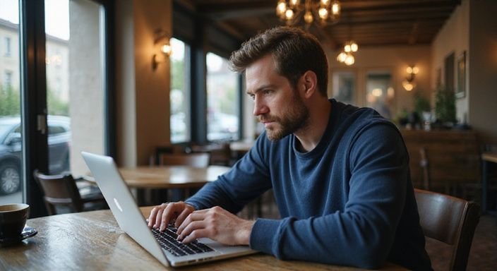 Ein Mann arbeitet konzentriert an seinem Laptop in einem Café. Ein Mann arbeitet konzentriert an seinem Laptop in einem Café.