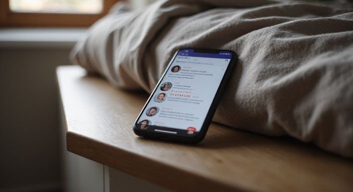 Ein modernes Smartphone zeigt eine diskrete Dating-Anzeige auf einem Nachttisch. Ein modernes Smartphone zeigt eine diskrete Dating-Anzeige auf einem Nachttisch.