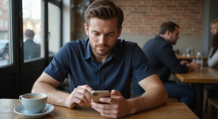 Ein Mann in einem Café betrachtet nachdenklich sein Smartphone und suche erotische kontakte und sex-dating in Zurich.