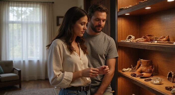 Ein Paar wählt gemeinsam intime Accessoires in einem gemütlichen Raum aus.