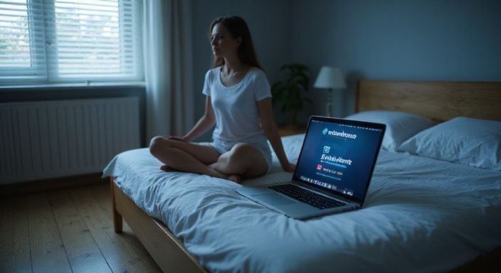 Eine Person sitzt nachdenklich auf dem Bett mit einem Laptop.