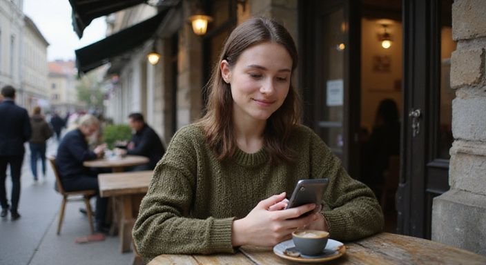 Eine junge Frau sitzt konzentriert an einem Tisch in einem Café.