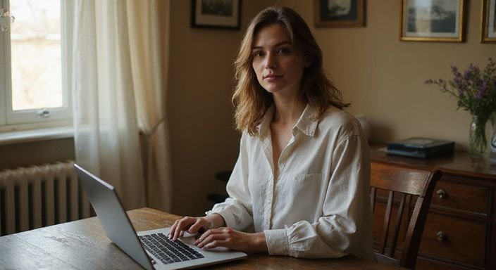 Eine Frau arbeitet konzentriert an einem Laptop an einem Schreibtisch und wollen erotische kontakte und sex-dating in Zurich.