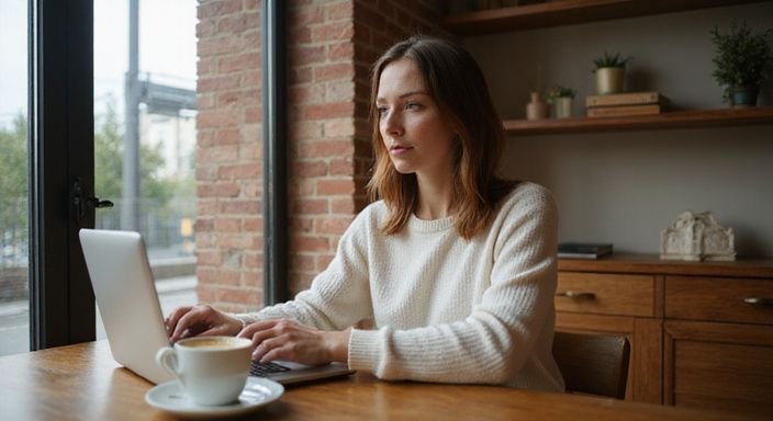 Eine Frau in einem Café arbeitet entspannt an ihrem Laptop und suche erotische kontakte und sex-dating in Zurich.