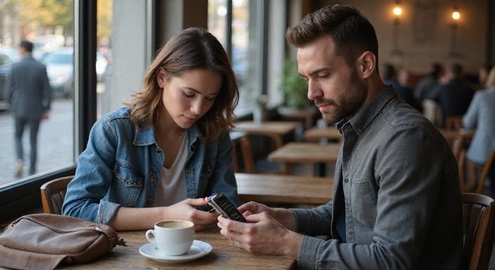 Ein Paar entspannt in einem belebten Café und wollen erotische kontakte und sex-dating in Zurich.