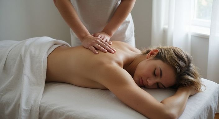 Eine Frau entspannt sich während einer Massage in einem ruhigen Raum.