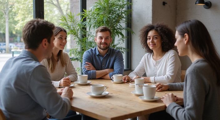 Eine Gruppe von sechs Personen diskutiert über erotische kontakte und sex-dating in Zurich lebhaft in einem Café.