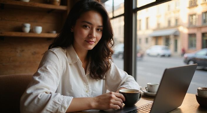 Eine Frau sitzt entspannt mit einem Laptop und einer Kaffeetasse.