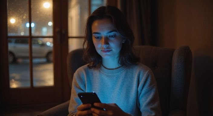 Eine Frau in den Dreißigern scrollt konzentriert durch ein Smartphone.