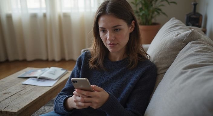 Eine Frau entspannt auf einer Couch und nutzt ihr Smartphone und suche privater Sexkontakt.