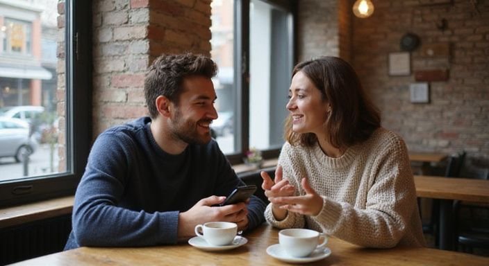 Ein Paar lacht zusammen in einem gemütlichen Café.