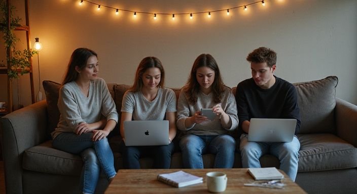 Fünf junge Erwachsene entspannen sich in einem gemütlichen Wohnzimmer.