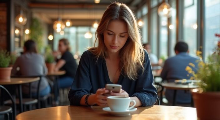 Eine junge Frau sitzt konzentriert an einem Café-Tisch und nutzt ihr Smartphone und suche privater Sexkontakt.