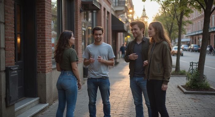 Eine Gruppe junger Erwachsener genießt ein entspanntes Treffen auf dem Bürgersteig