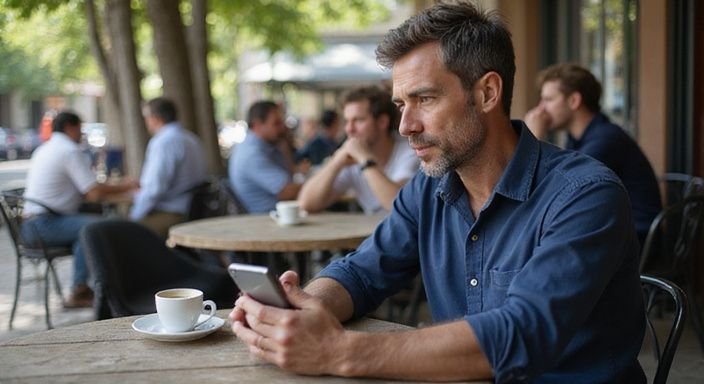 Ein mittlerer Mann scannt Dating-Profile in einem belebten Café.