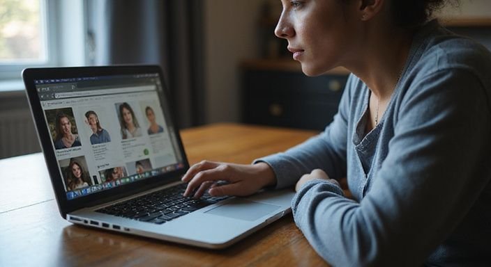 Eine Person arbeitet konzentriert an einem Laptop an einem Holztisch.