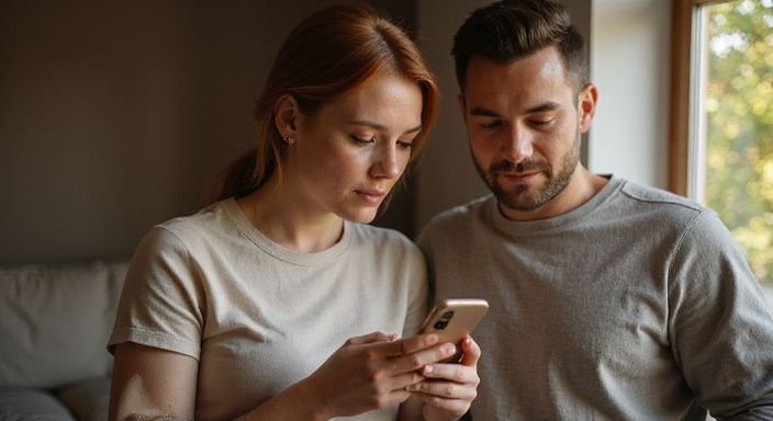 Ein Paar betrachtet aufmerksam gemeinsam ein Smartphone in ihrem Wohnzimmer und suche privater Sexkontakt.