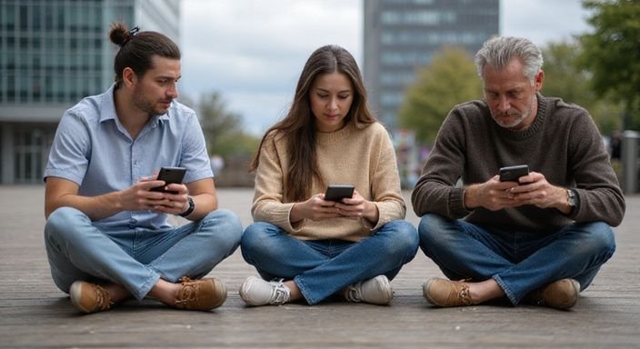 Eine Gruppe Erwachsener interagiert digital auf einer Holzplattform.