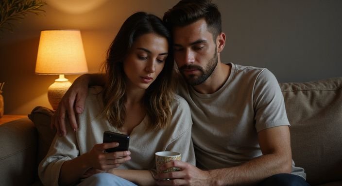 Ein Paar sitzt auf einem Sofa und schaut auf ein Smartphone und wollen privater Sexkontakt.